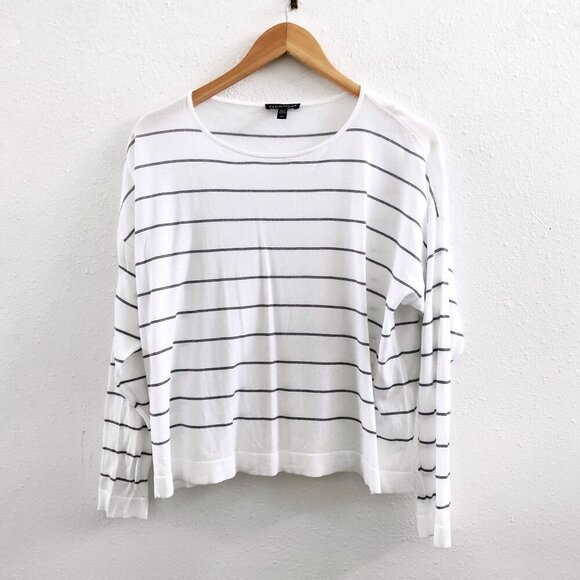 EILEEN FISHER White Tencel Blend Striped Long Sleeve Pullover Sweater Small Size - Picture 2 of 10